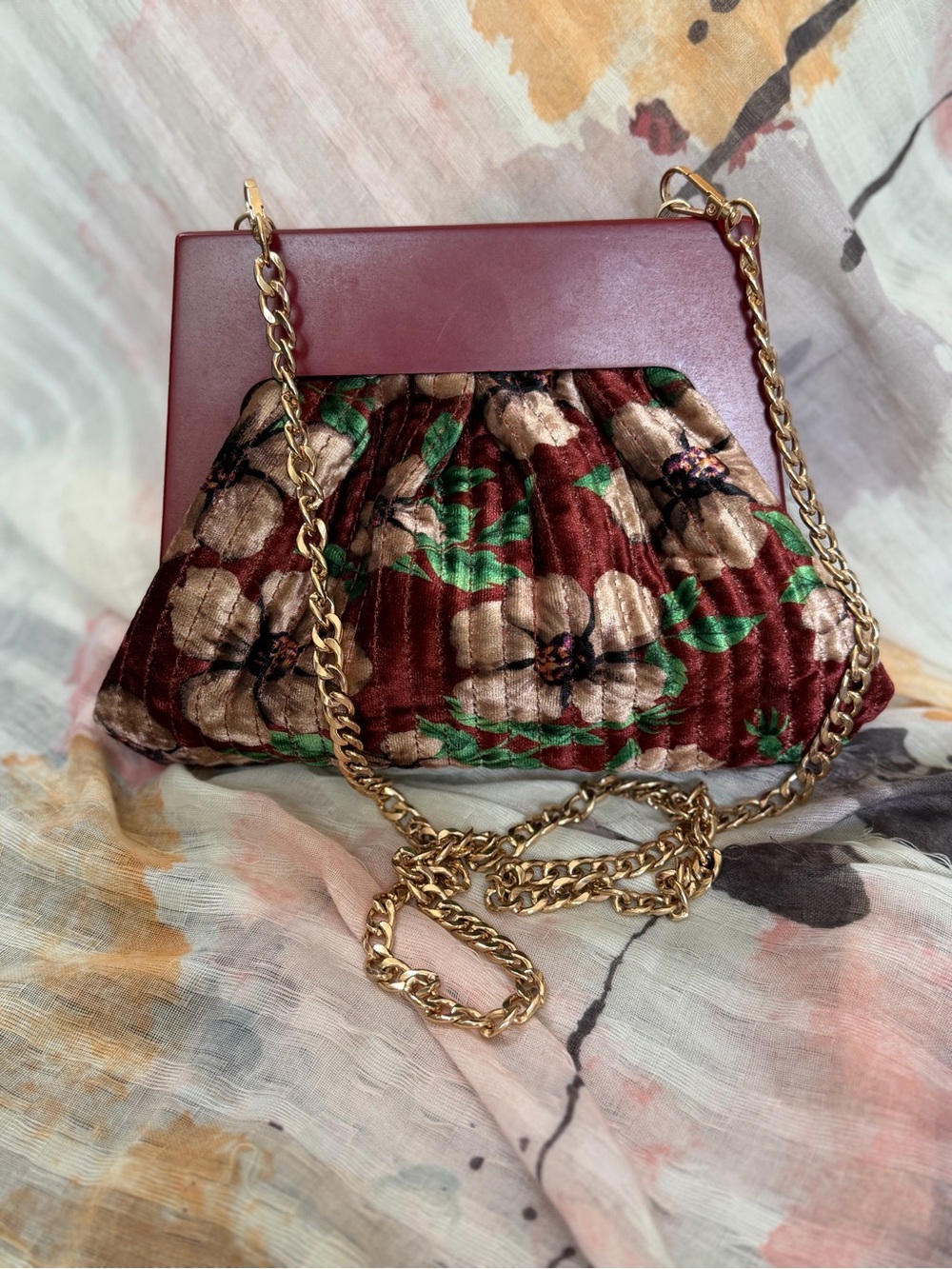 Anthropologie Wine Velvet Floral Pleated Frame Bag, Wood Frame + Gold Chain